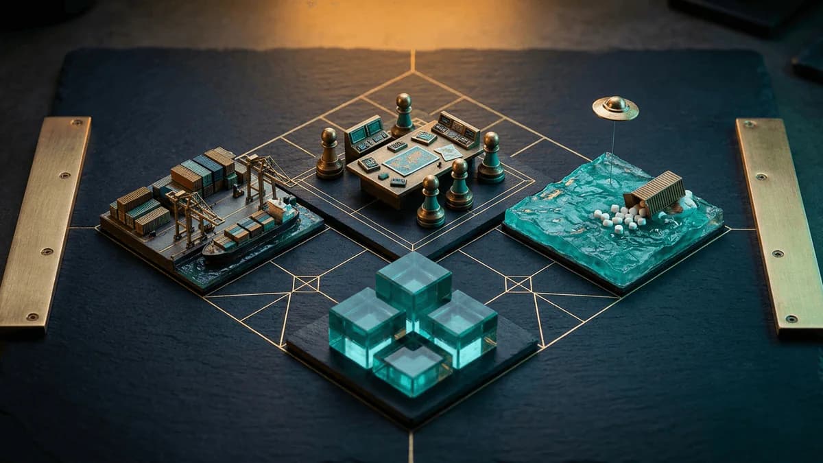 A scale model on a tabletop: a container port, a control room ringed by brass pawns, and a sea with spilled marshmallows.