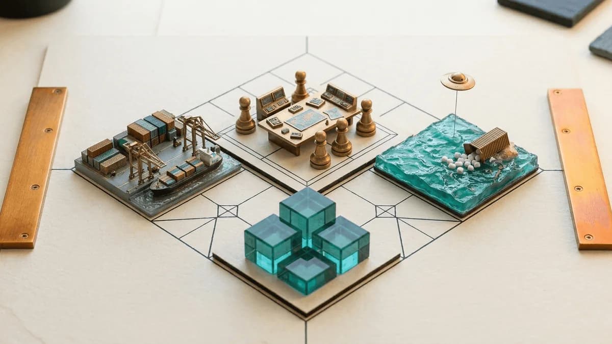 A scale model on a tabletop: a container port, a control room ringed by brass pawns, and a sea with spilled marshmallows.